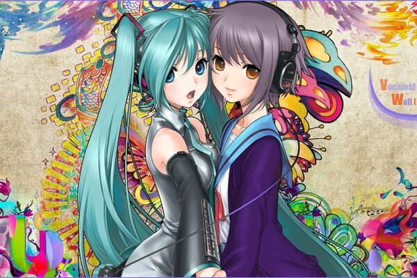 Anime vocalod zwei Mädchen auf Wand Hintergrund
