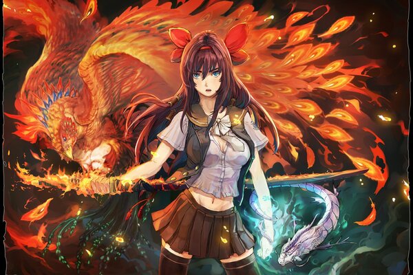 A girl with a katana among a dragon and a phoenix