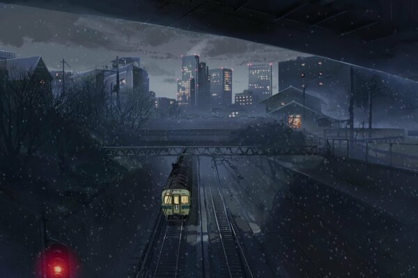 Treno notturno diretto in città, fotogramma dell anime di Makoto Shinkai cinque centimetri al secondo 