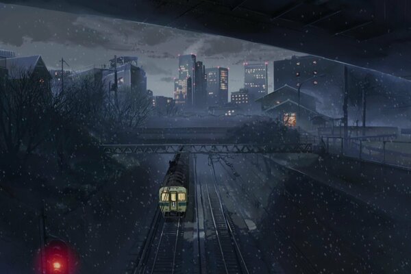 Ночной поезд, идущий в город, кадр из аниме Макото Синкая Пять сантиметров в секунду 