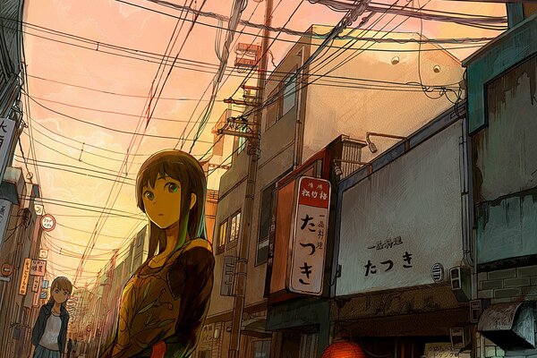 Calle en la ciudad de Japón en los cables