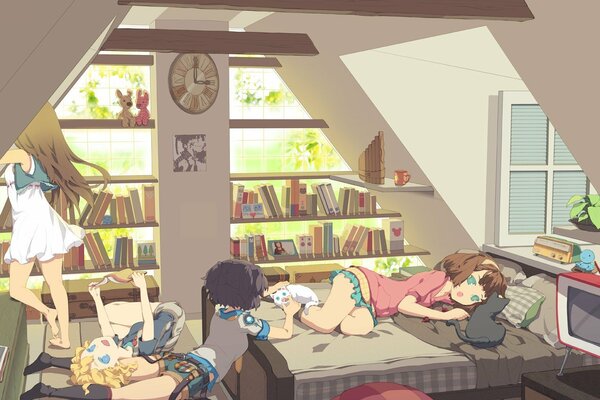 Anime dibujos animados dormitorio libros