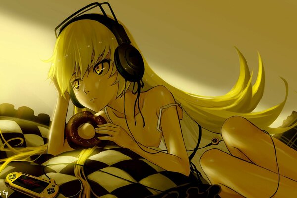 Drawing of a girl in anime style with headphones