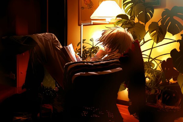 The guy from the anime reads a book in the evening on a chair