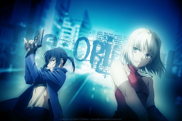 Ragazzo con ragazza con una pistola in anime City