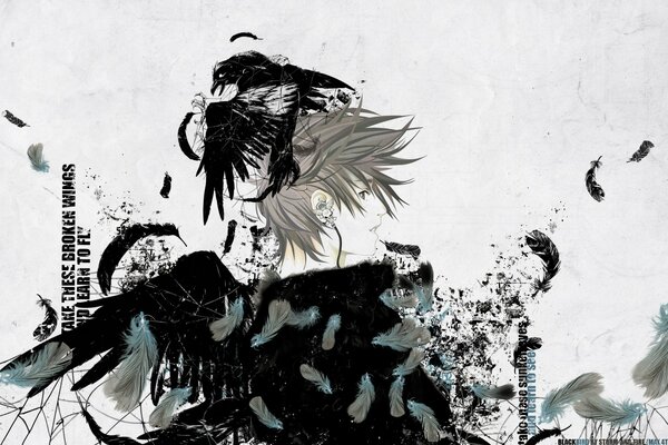 Image d anime noir et blanc avec des plumes