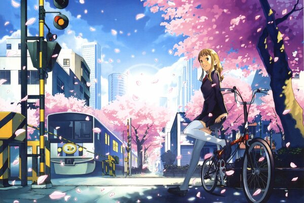 An anime girl stands with a bicycle under a cherry blossom