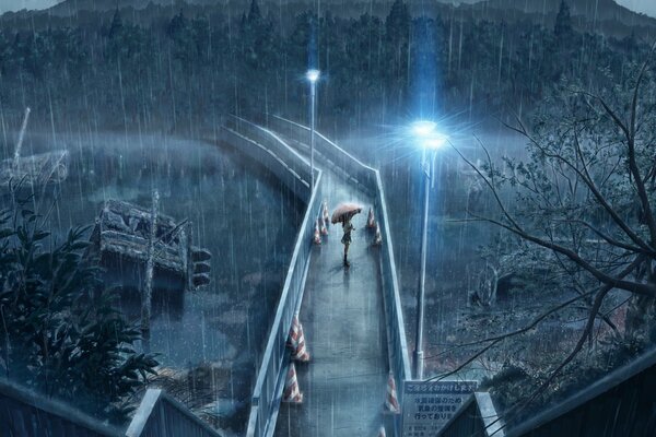 Девушка стоит на мосту пол зонтом на мосту