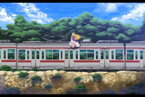 Девушка в пышном платье сидит на крыше поезда
