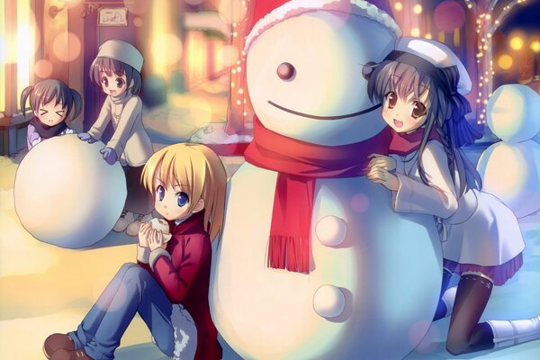 Girls make snowmen