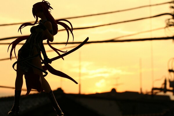 Silhouette of a girl with a sword at sunset