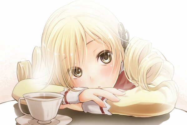 Anime girl is sad over a cup of tea