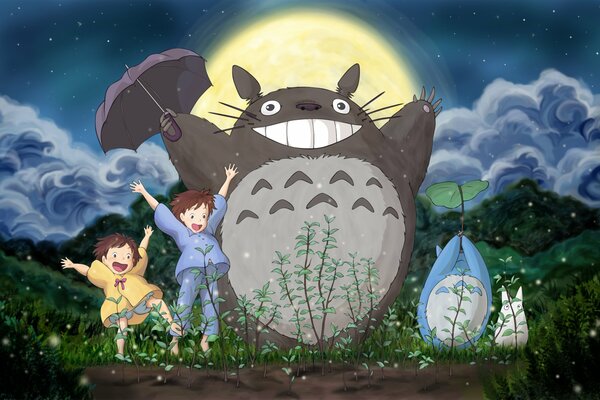 Freudige mei und Totoro im Wald unter dem Mond