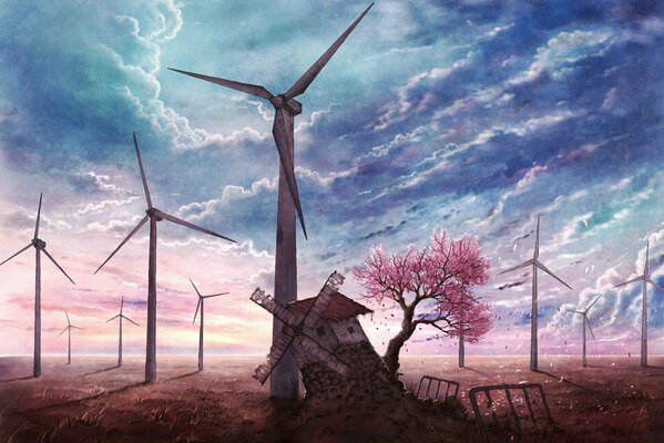 An abandoned mill with cherry blossoms and windmills