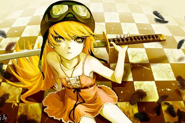 Una chica con una Katana con una mirada furiosa en un tablero de ajedrez