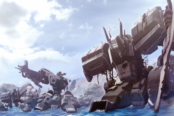 Transformers, battle, sky, riverbank