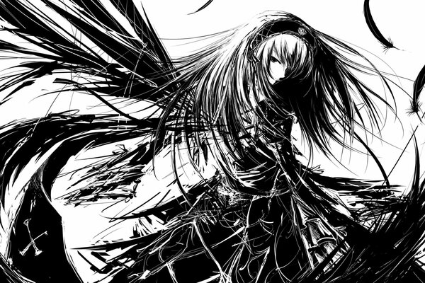 Black and white art: long-haired girl