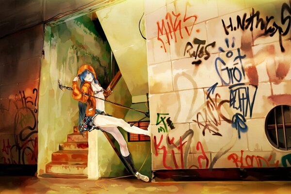 Anime fille sur les escaliers avec des graffitis