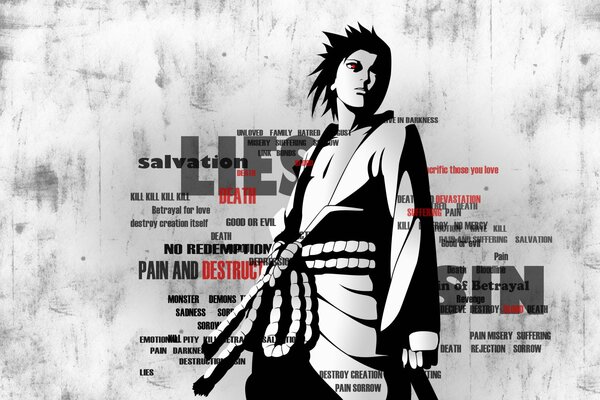 Sasuke from Naruto stands behind the inscription