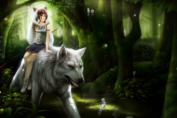 Anime fille chevauchant un loup