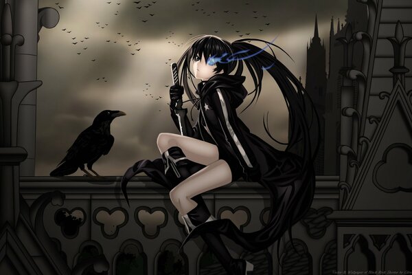 Anime con ragazza kuroi Mato sul balcone e corvo