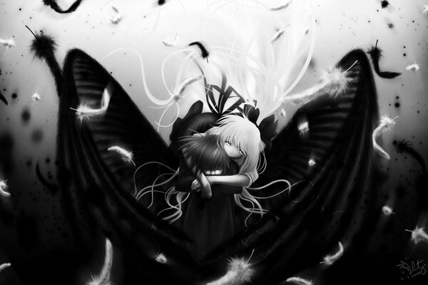 Black and white picture of a guy and a girl with wings