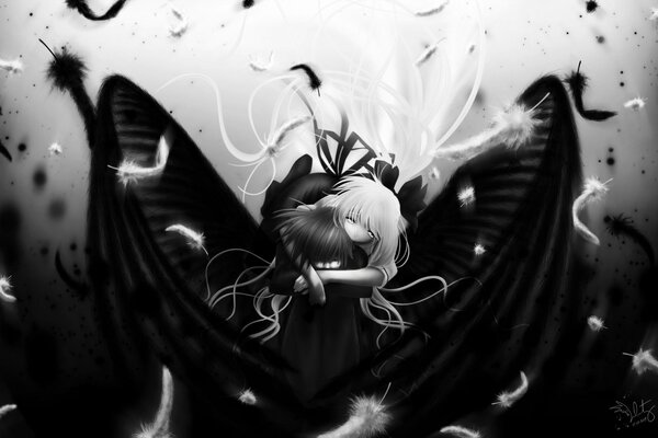 Image noir et blanc d un gars et une fille avec des ailes