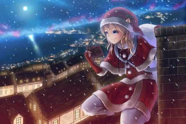 Anime Snow Maiden dans la nuit sur le toit près de la pipe