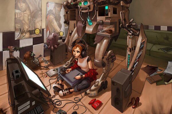 Chica Gamer con un robot detrás de su espalda