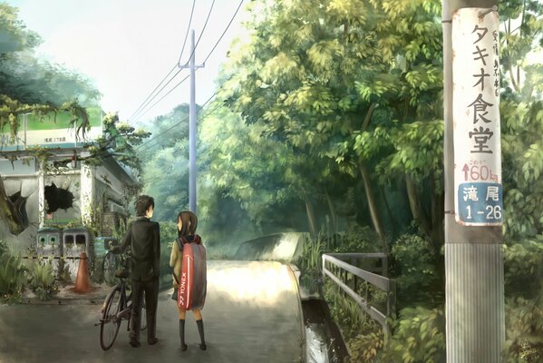 A guy with a bicycle and a girl are walking along the alley talking