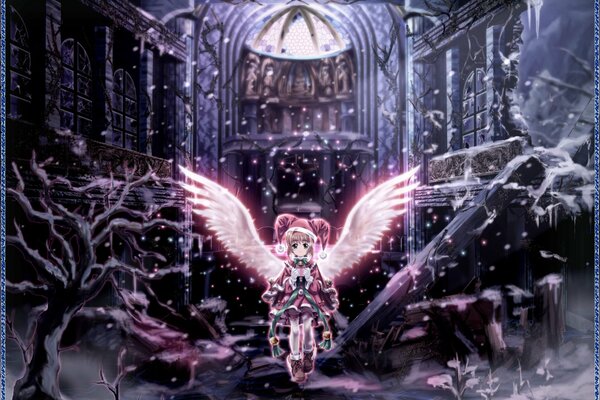 Anime Chan con alas de ángel en la iglesia gótica