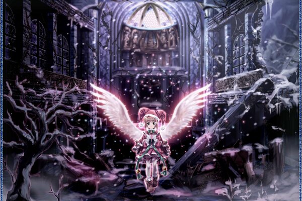 Аниме тян с крыльями ангела в готичной церкви