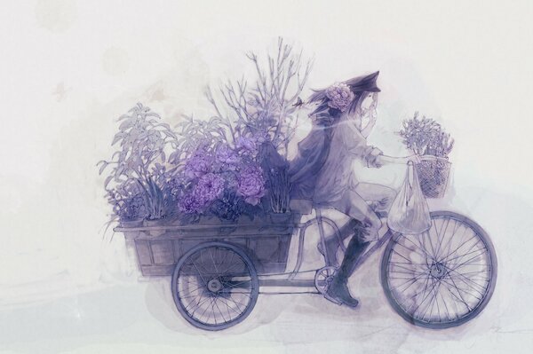 The guy from the anime carries flowers on a bicycle with a cart