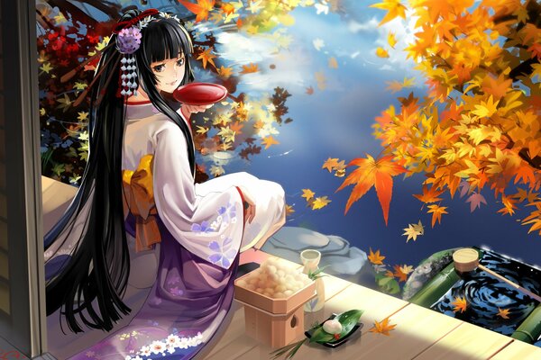 Anime chica Geisha en el lago