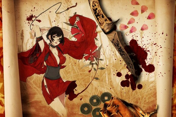 A girl in a kimono with a dagger and flying coins