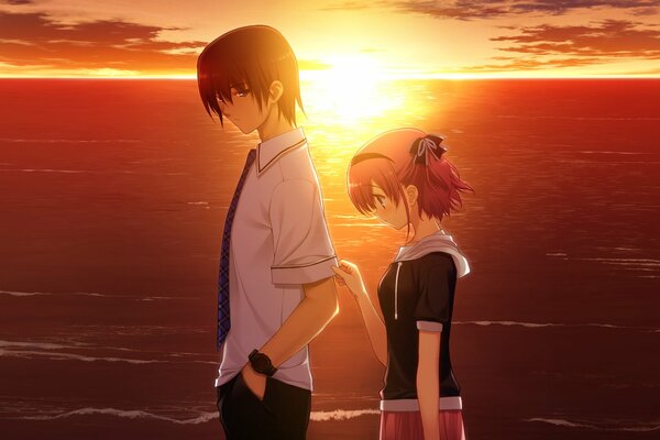 Anime guy and girl at sunset