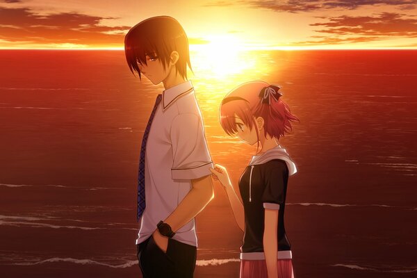 Anime chico y chica al atardecer