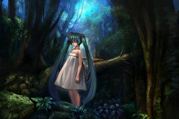 A girl with long green hair in the forest