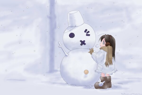 Anime Cartoon fille et bonhomme de neige