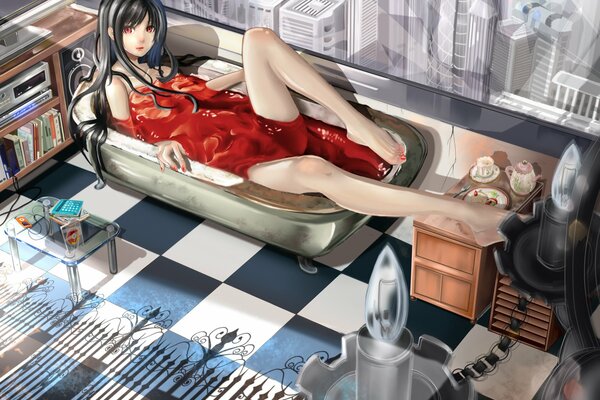 Anime bathroom girl with long hair in a bathtub in red water