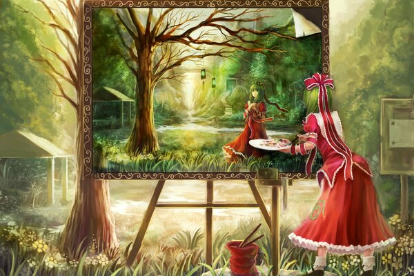 Alice paints herself in wonderland