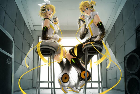 Anime vocalode two girls on chairs singing