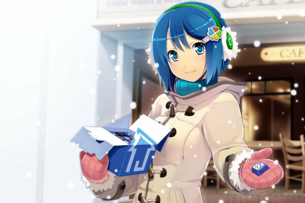 Аниме девочка с синими волосами и в тёплой одежде держит коробку с шоколадными конфетами
