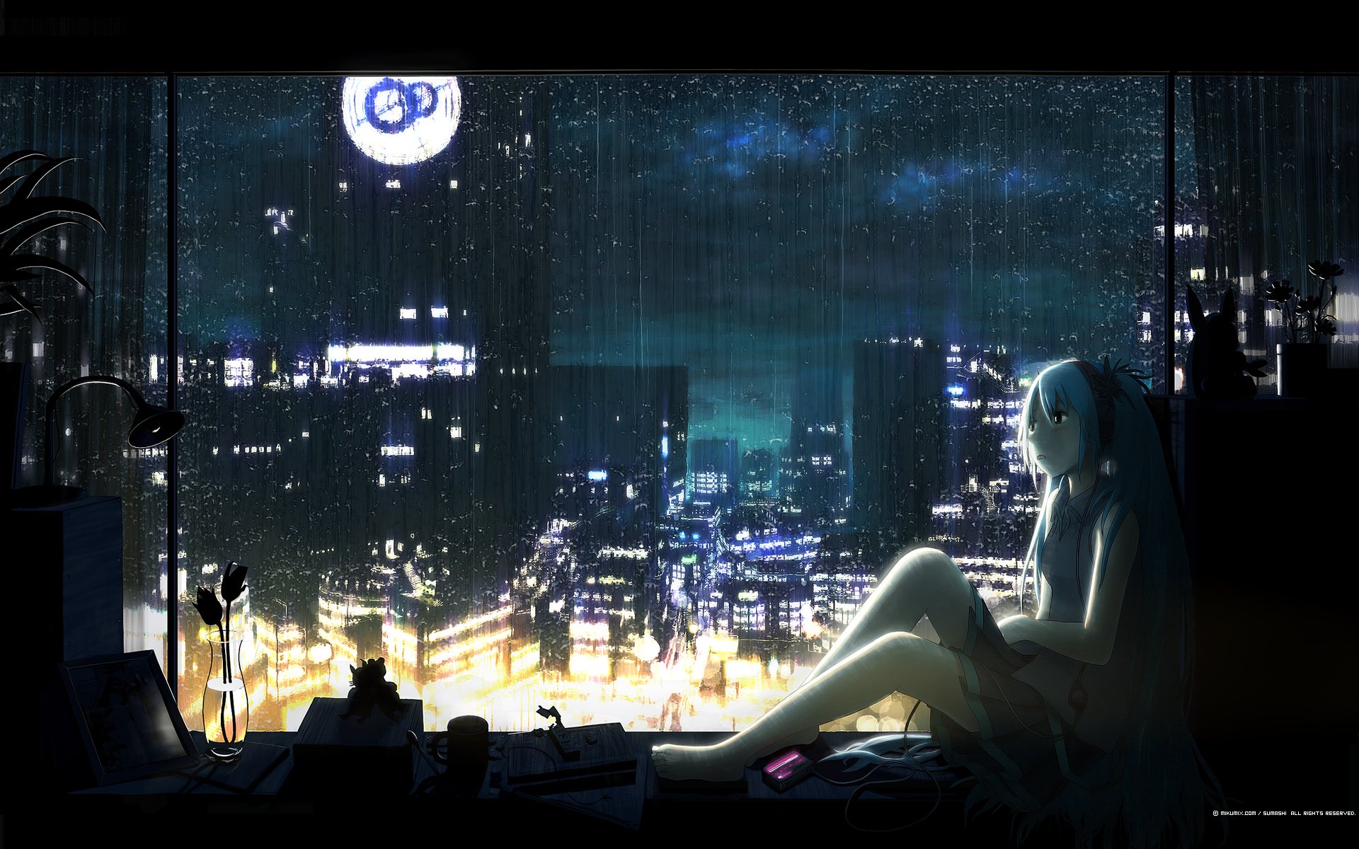 windowsill blue hair flower hatsune miku headphones night rain vocaloid vocaloid