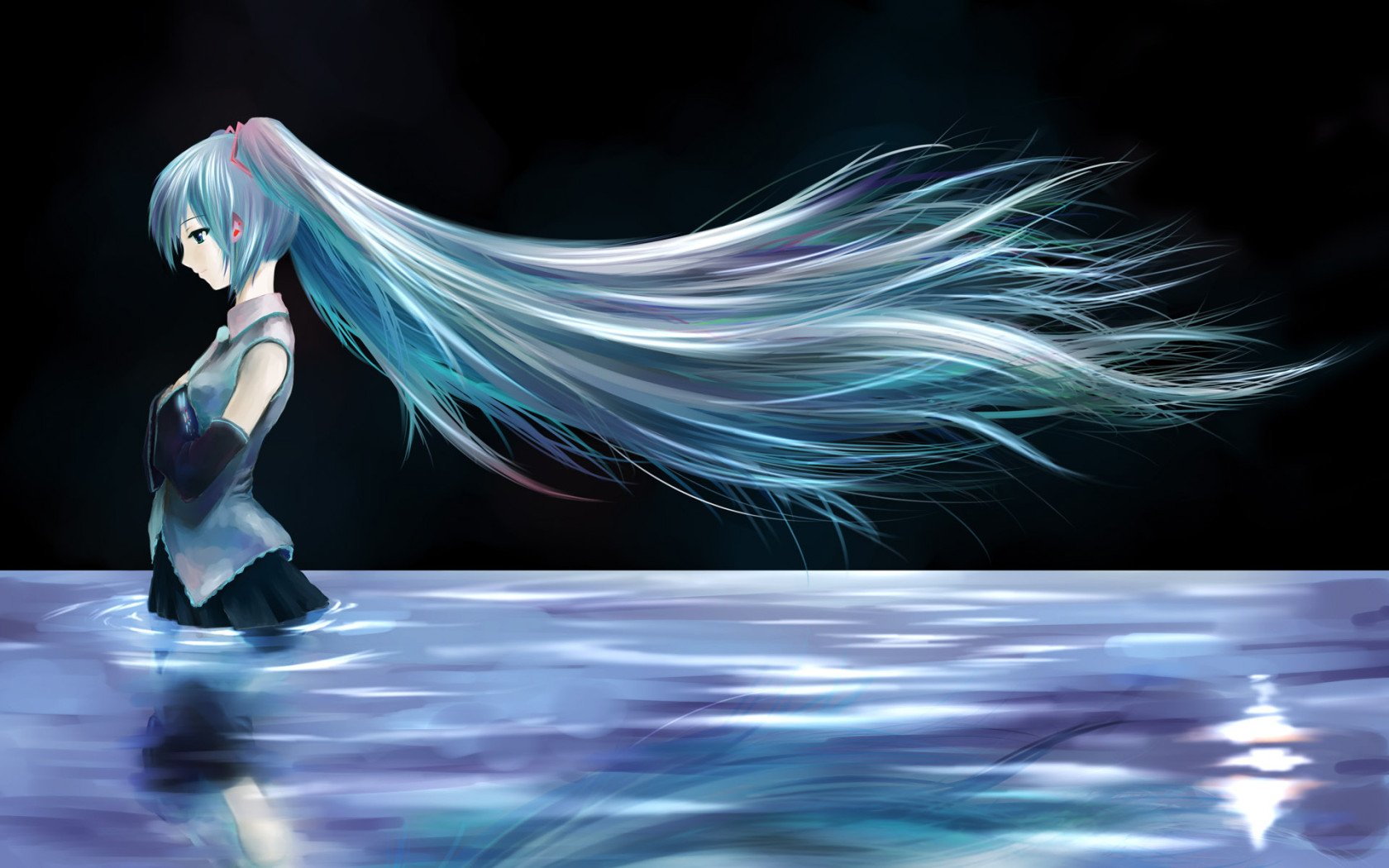 anime hatsune miku vocaloid girl hair lake night