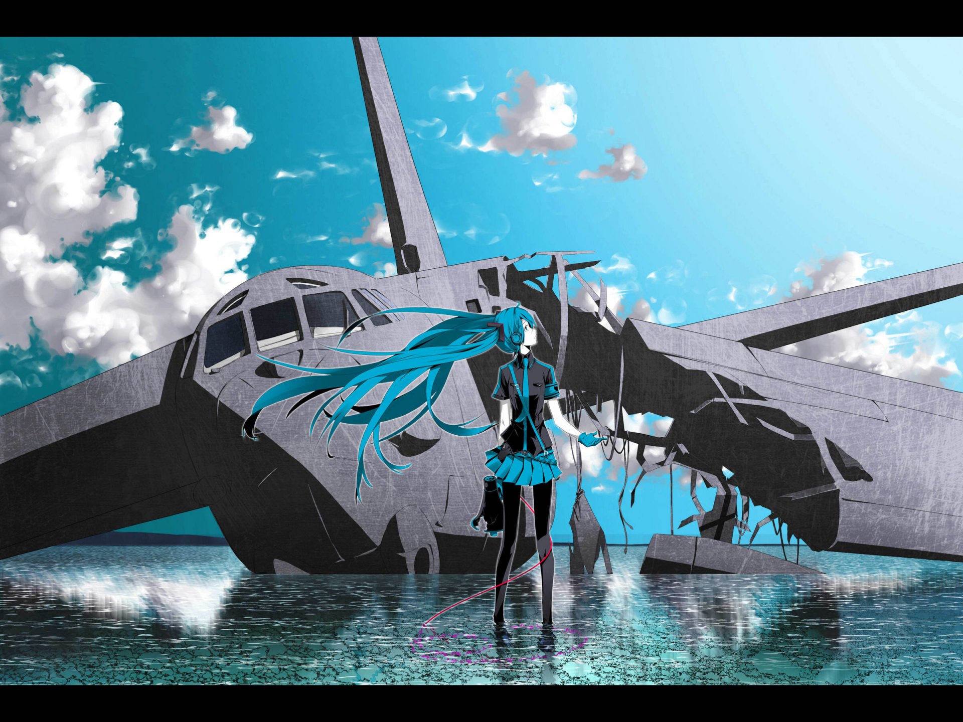 hatsune miku headphones vocaloid vocaloid airplane water sky cloud