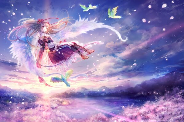 Anime chan angel levitating in the air against a beautiful landscape