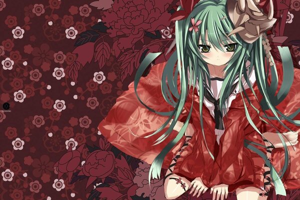 Anime girl in a red kimono