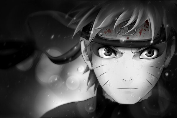 Naruto black and white picture with blood on the bandage