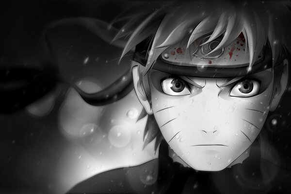 Naruto imagen en blanco y negro con sangre en el vendaje